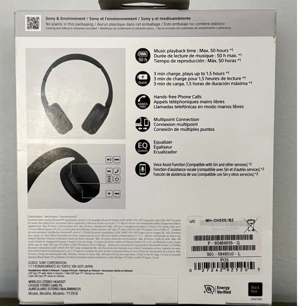 Sony WH-CH520 Wireless Bluetooth On-Ear Headphones Black New Sealed AUTHENTIC